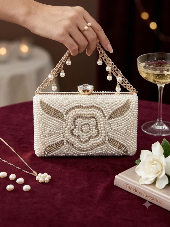 The Unbranded Brand Handbags - Pearl-Embellished Ivory Floral Evening Clutch with Chain